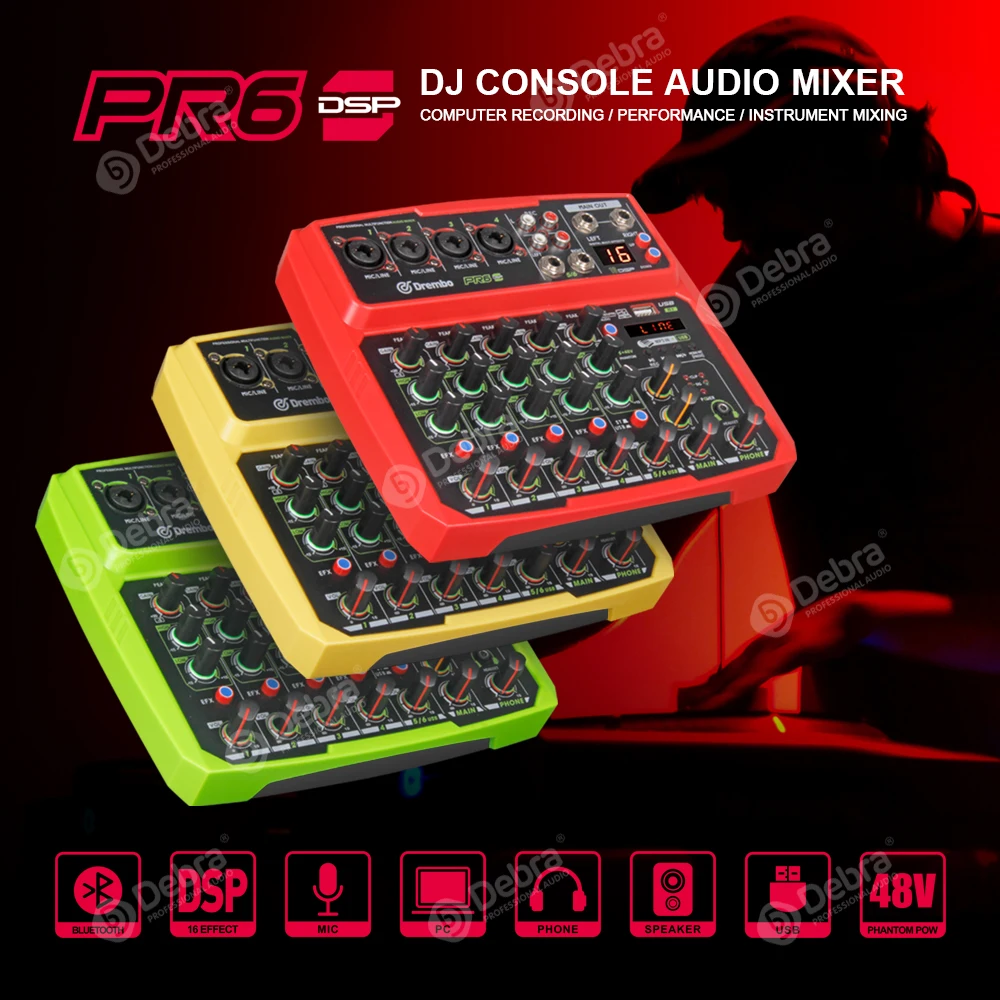 PRO PR6 6channel Protable digital audio mixer console with 16 DSP effect Sound Card,bluetooth, USB, for Karaoke DJ PC Recording