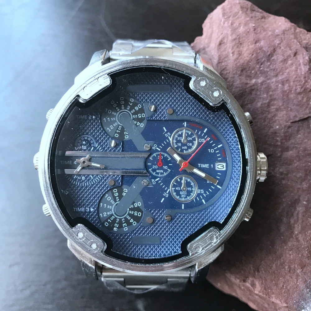 Male Motion Quartz Wrist Watch Jinggang Watchband Dual Timezone Large Dial Military Cross-country Men's Watches Fashion Leisure (2)