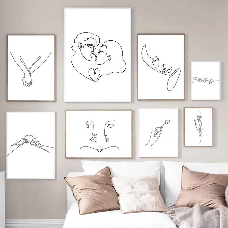 Abstract Line Love Kiss Hand Heart Flower Wall Art Canvas Painting Nordic Posters And Prints Wall Pictures For Living Room Decor