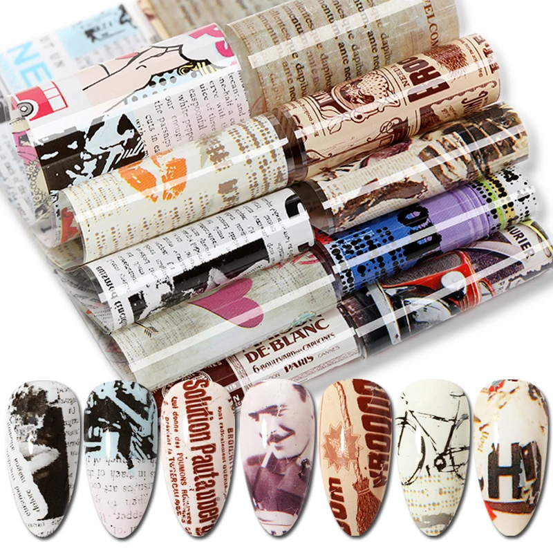 10pcs Nail Foil Sticker Vintage Newspaper Set Mixed Flower Marble Adhesive Transfer Decals Paper Wraps Slider | Красота и здоровье