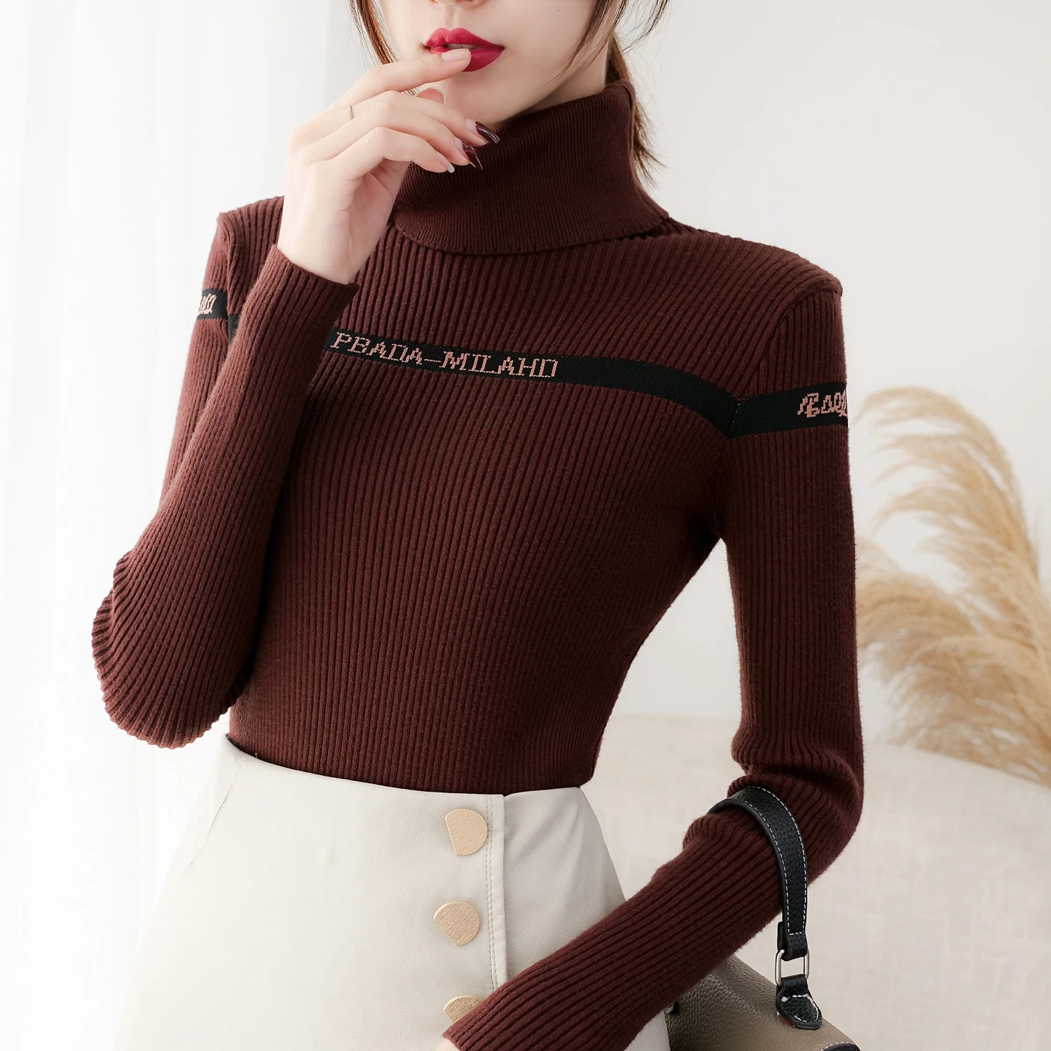 Women's Knitted sweaters Autumn Winter 2019 New Korean Casual High Collar Young girl Letters Long Sleeve Bottoming Top 202i60 | Женская