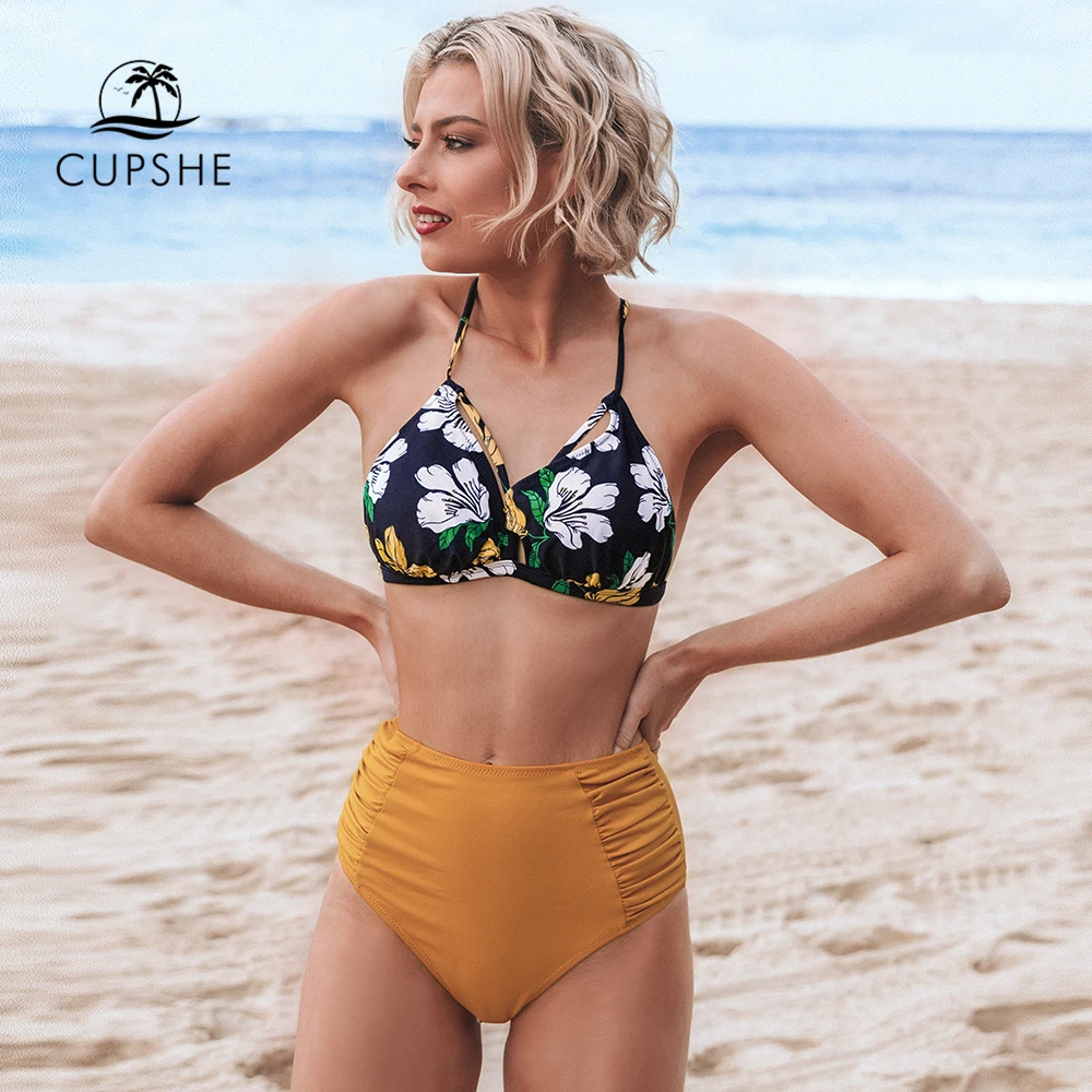 CUPSHE Floral and Solid Shirred High-Waisted Bikini Sexy Cut Out Swimsuit Two Pieces Swimwear Women 2019 Beach Bathing Suits
CUPSHE Floral and Solid Shirred High-Waisted Bikini Sexy Cut Out Swimsuit Two Pieces Swimwear Women 2019 Beach Bathing Suits