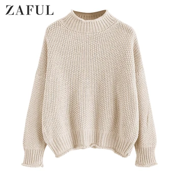 

ZAFUL Drop Shoulder Rolled Edge Mock Neck Sweater Solid Color Elastic Loose Female Tops Simple Versatile Women Pullover Sweater
