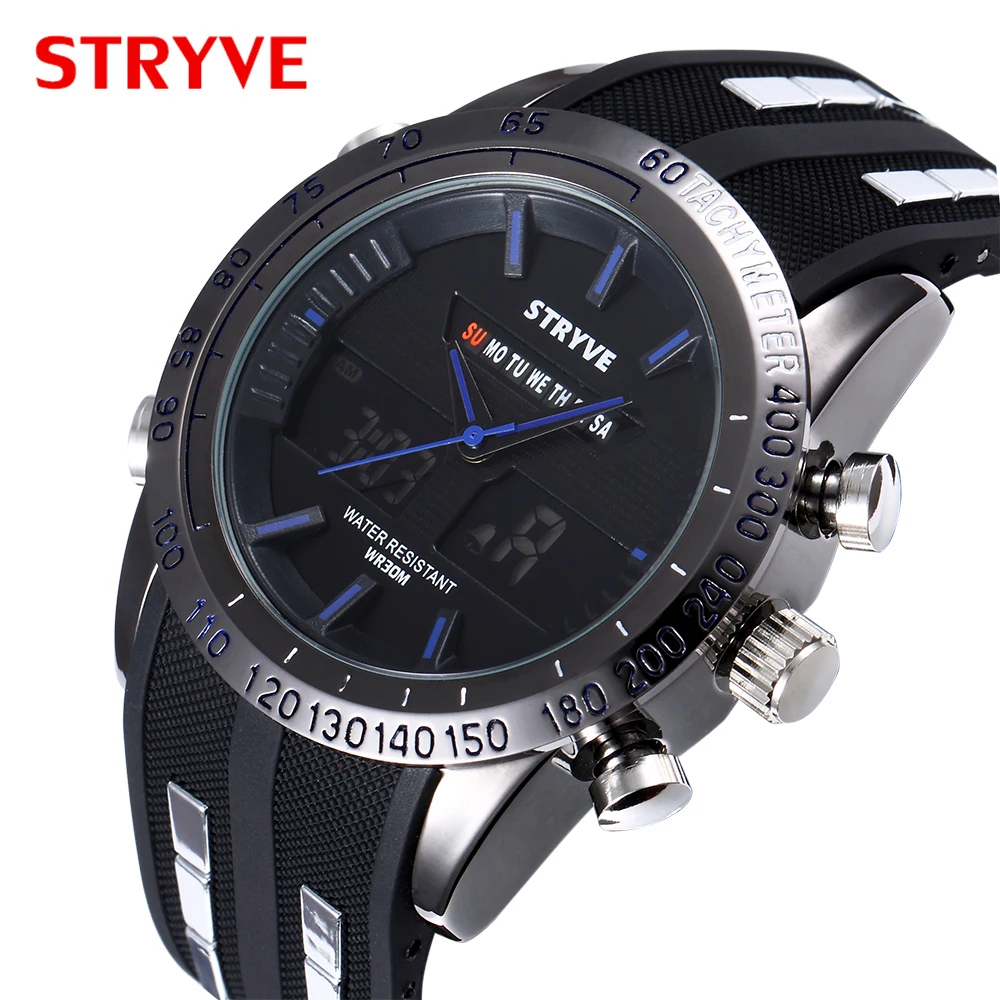 Relojes Man Sports Watch STRYVE LED Digital Fitness Watch Week Chronograph Clock 3ATM Waterproof Dual Display Relogio Masculino
Relojes Man Sports Watch STRYVE LED Digital Fitness Watch Week Chronograph Clock 3ATM Waterproof Dual Display Relogio Masculino