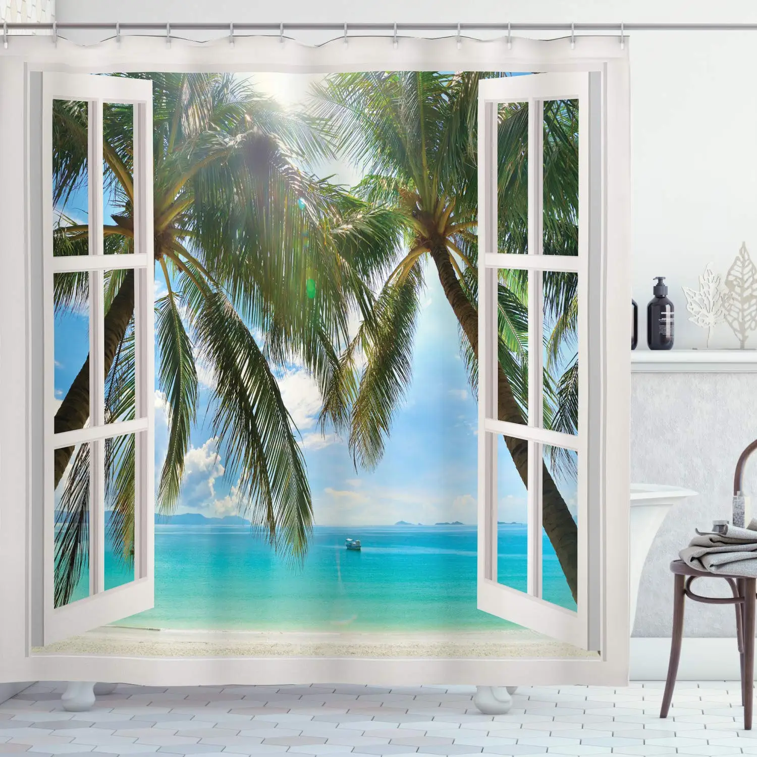 Tropical Shower Curtain, Window to The Exotic Beach Landscape Pastoral Composition with Palm Trees, Cloth Fabric Bathroom Decor
Tropical Shower Curtain, Window to The Exotic Beach Landscape Pastoral Composition with Palm Trees, Cloth Fabric Bathroom Decor
