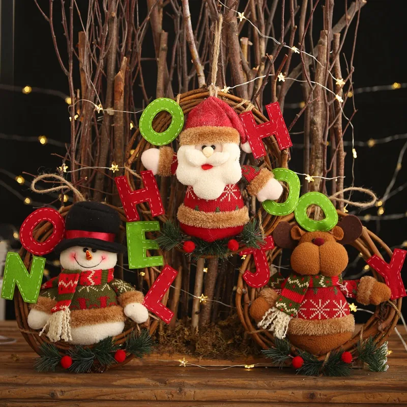 

Christmas Santa Claus/Snowman/Reindeer Pendant Party Decorative Rattan Cartoon Doll Hanging Wreath Ornaments Door Decorations