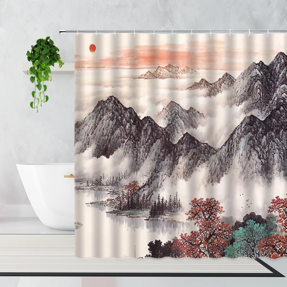 

Chinese Style Scenery Shower Curtain Koi Lotus Mountain Water Landscape Ink Painting Home Decoration Waterproof Bath Curtains