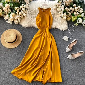 Summer Halter Sleeveless Long Dress Women Split Slim Waist Maxi Dresses Ladies Solid A-line Party Dress Yellow 2020
Summer Halter Sleeveless Long Dress Women Split Slim Waist Maxi Dresses Ladies Solid A-line Party Dress Yellow 2020