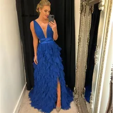 

Modest Tiered Ruffles Evening Dresses Blue Side Slit Boho Prom Dress Party Gowns Bandage Waist A Line Females Robe De Soiree