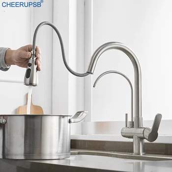 

Pull Out Kitchen Taps Dual Tube Hot Cold Mixer Sink Tap Sprayer Water Drinking Faucet Brass Chrome Copper Faucets Grifo Cocina