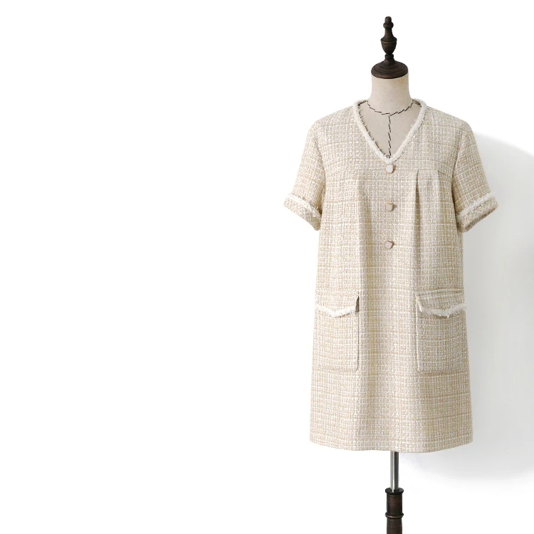 High quality women's v-neck plaid tweed dress 2019 autumn france style elegant loose dress A895
High quality women's v-neck plaid tweed dress 2019 autumn france style elegant loose dress A895