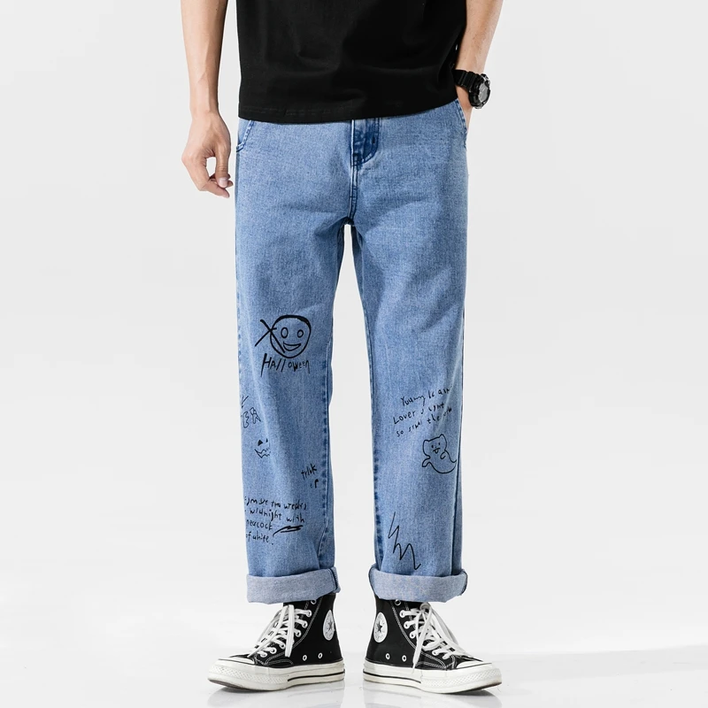 Loose-Fit Men's Jeans Korean Style Handsome Pants Personality Smiling Face Pattern Printed Jeans High Quality New Listing M-4XL 
Loose-Fit Men's Jeans Korean Style Handsome Pants Personality Smiling Face Pattern Printed Jeans High Quality New Listing M-4XL