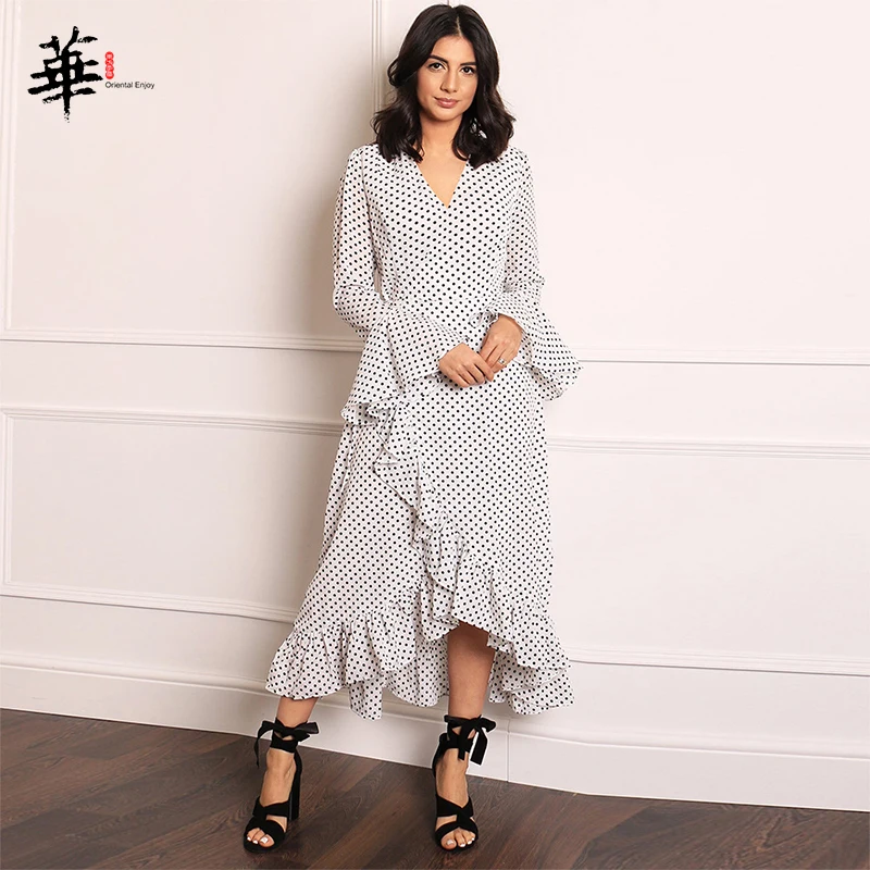 

V Neck Polka Dot Cascading Ruffle Asymmetrical Overlap Fall Maxi Dress Belted Women Autumn Long Sleeve Elegant Dresses