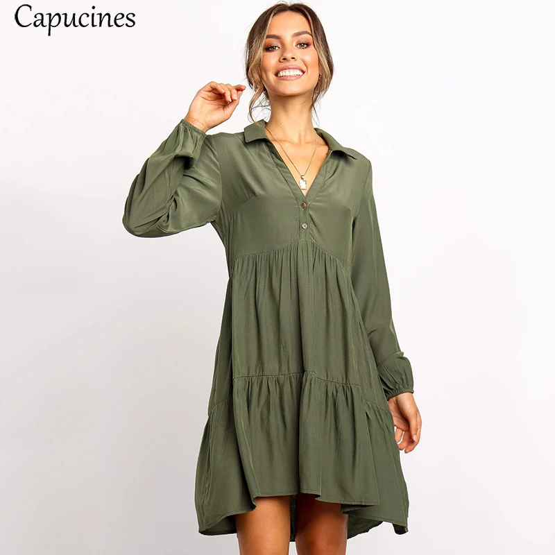 Армейский Зеленый повседневное стиль Рубашка-платье осень Длинные рукова