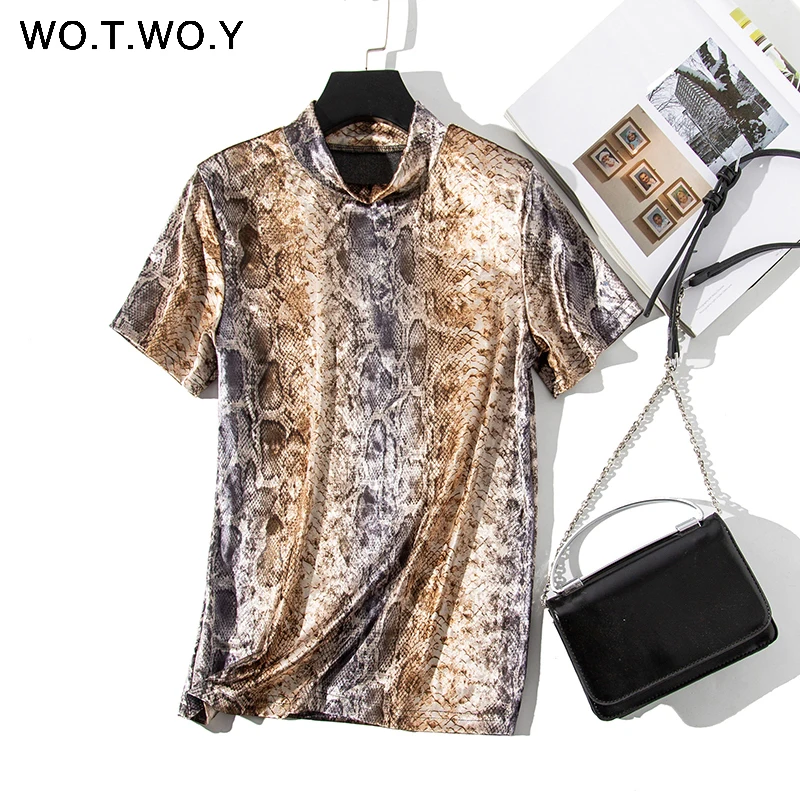 O-Neck Snake Print T-shirts Women 2019 Summer Casual Slim Short Sleeve Tee Shirt Woman Leopard Tops Yellow Harajuku