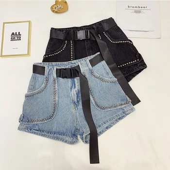 Fashionable Overalls Women's High Waisted Skinny Ins Jeans Hot Pants Black Belt Stud Rivets Design Shorts Outside Wear Denim
Fashionable Overalls Women's High Waisted Skinny Ins Jeans Hot Pants Black Belt Stud Rivets Design Shorts Outside Wear Denim