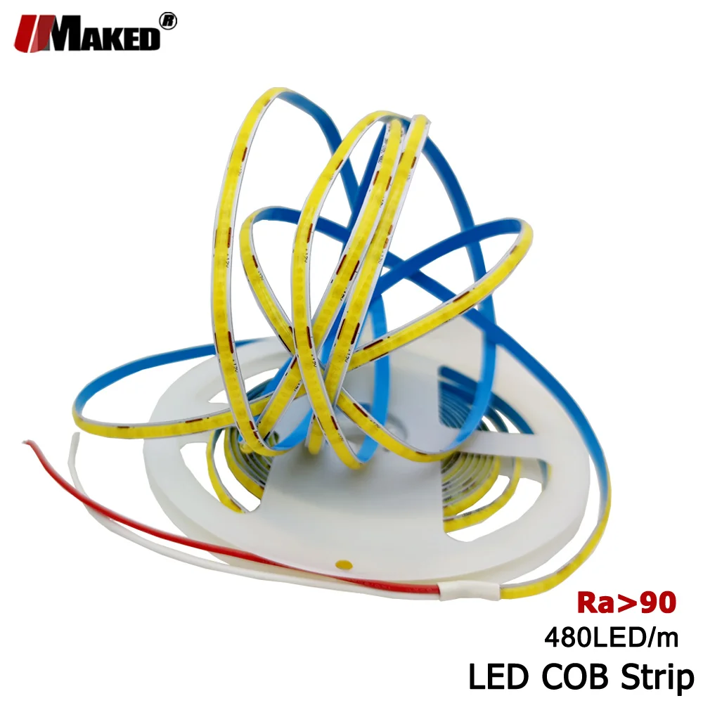 

Светодиодная лента COB 5 мм, 1 м, 2 м, 3 м, 4 м, 5 м, 480 светодиодов/м, гибкая лента FCOB высокой плотности, 12 В постоянного тока, 24 В, RA90, 3000K, 4000K, 6000K, ленты с регулируемой яркостью