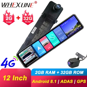 

WHEXUNE New 12" IPS 4G Dash Cam GPS Android 8.1 Rearview Mirror Navigation ADAS 2G RAM 32G ROM FHD 1080P Video Recorder Car DVR