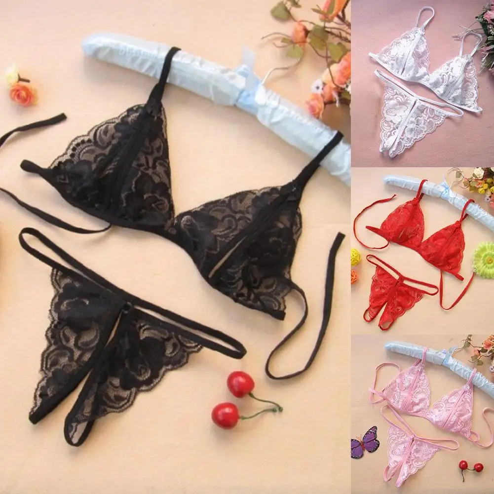 Erotic Women Lace See Through Triangle Cup Bra Open Crotch Briefs Set