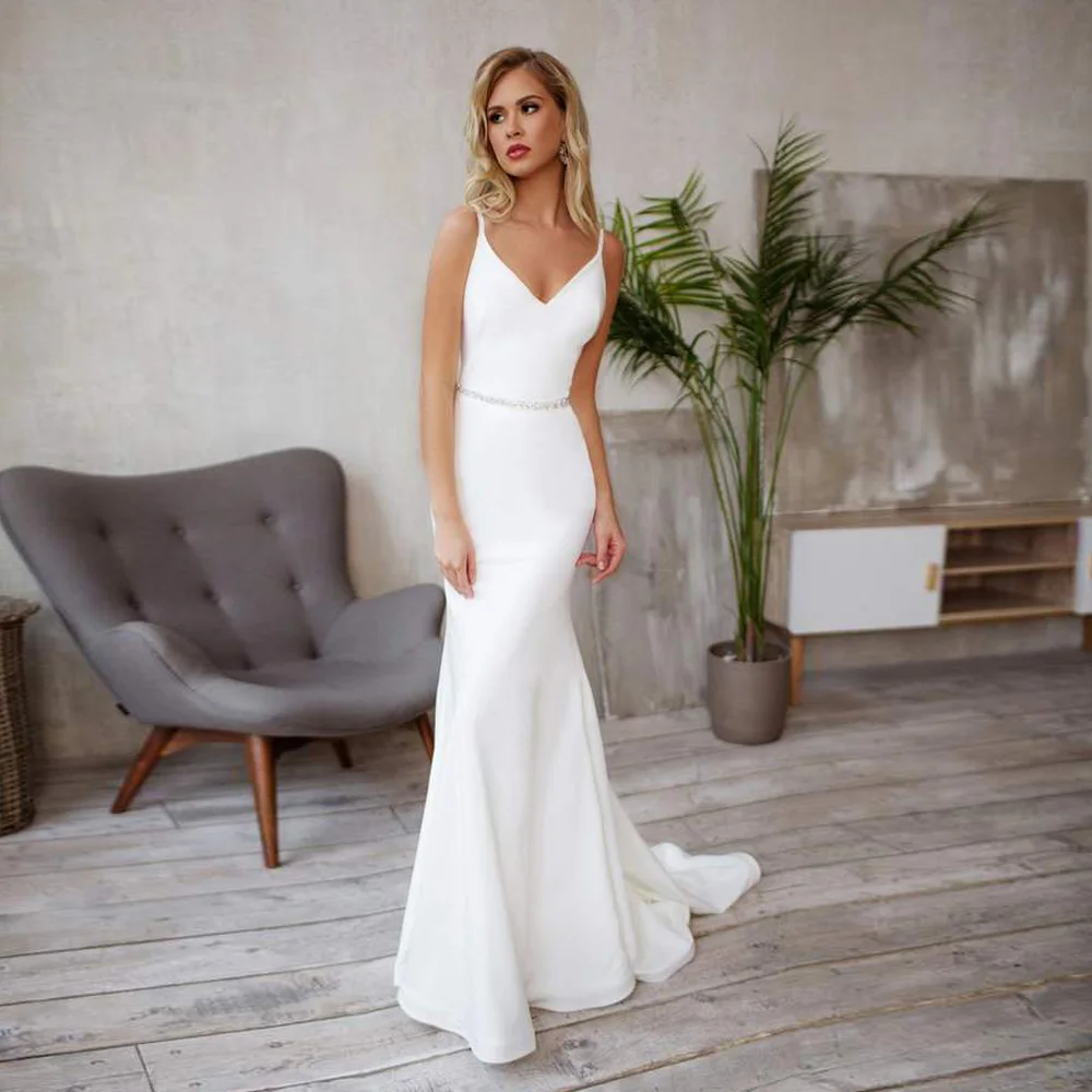 Chic Mermaid Bridal Gowns Women's Sexy Wedding Dress Spaghetti Straps V Neck Beading Belt Long Bride Dresses
Chic Mermaid Bridal Gowns Women's Sexy Wedding Dress Spaghetti Straps V Neck Beading Belt Long Bride Dresses