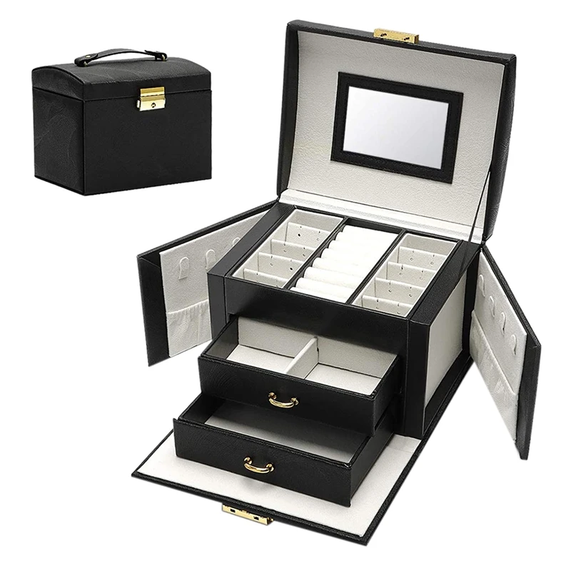 Jewelry Box Large Capacity Earrings Necklace with Mirror Watch Drawer Storage Necklaces Velvet Lining Black | Украшения и