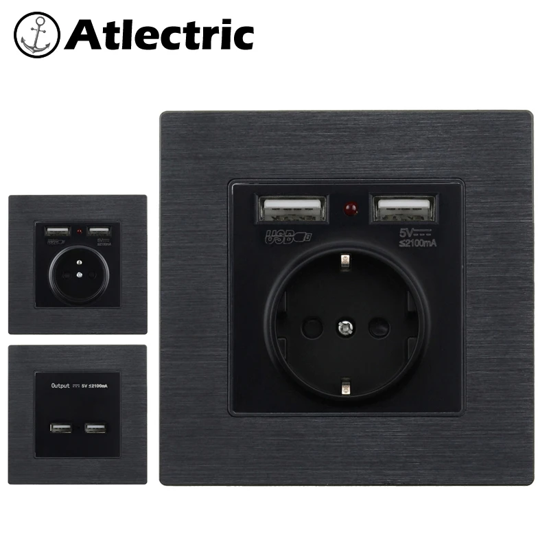 

Atlectric Dual USB Port EU FR Standard Power Socket Wall Plug Electrical Outlet Power Adapter For Mobile Aluminum Alloy Panel