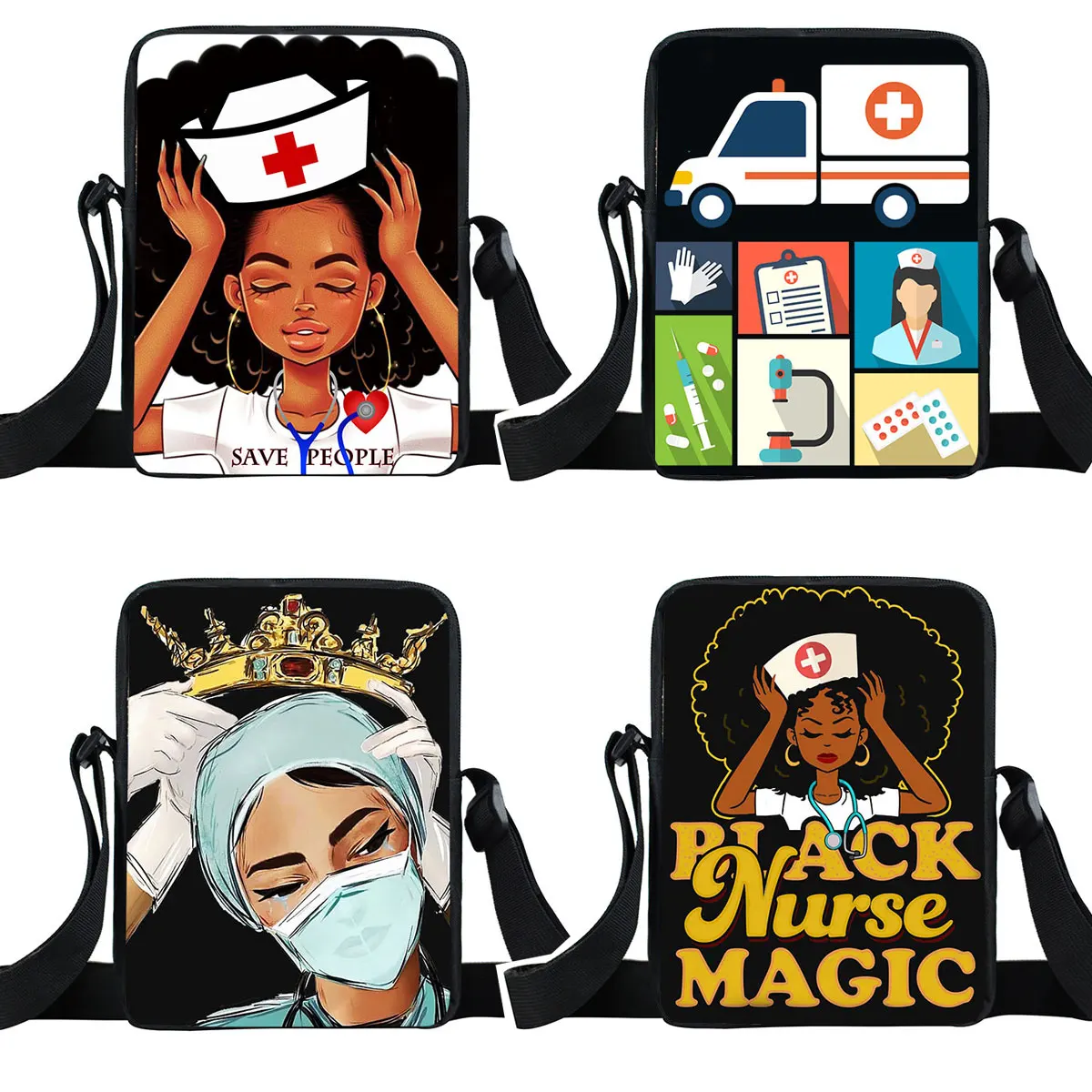 Черная сумка-мессенджер для медсестры с короной женская маленькая сумка через