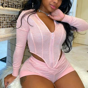 Glamaker Pink casual long sleeve bodycon women sets Two piece suit hooded workout active wear outfits Corset top and shorts 
Glamaker Pink casual long sleeve bodycon women sets Two piece suit hooded workout active wear outfits Corset top and shorts