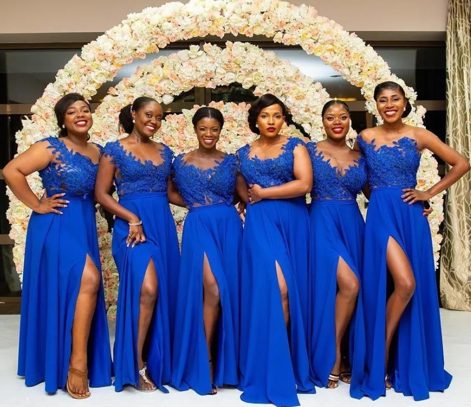 Robe demoiselle d'honneur 2020 Royal Blue Front Split Bridesmaid Dresses Lace Appliques African Maid of Honor Gown (1)