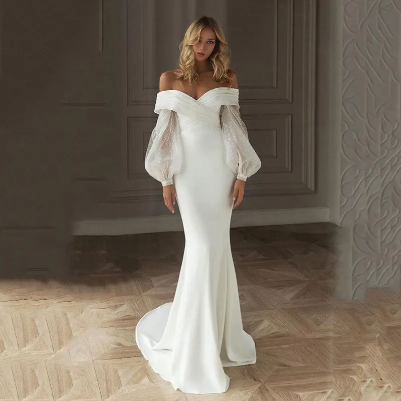 Modest Mermaid Wedding Dresses For Women Sequins Glitter Tulle Off The Shoulder Princess Bridal Gowns Soft Satin Robe De Marie 
Modest Mermaid Wedding Dresses For Women Sequins Glitter Tulle Off The Shoulder Princess Bridal Gowns Soft Satin Robe De Marie