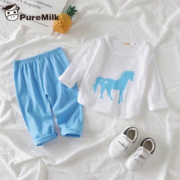 

PureMilk Newborn Baby Boys Cothes Horse Printed T shirt With Blue Pant 2pcs Set Casual Clothes Baby Girls Clothing Set