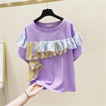Pruple T-shirt for Woman Striped Ruffled Short Sleeve Round Neck Cotton T-shirt Female Summer Top Students Tshirt Ropa De Mujer 
Pruple T-shirt for Woman Striped Ruffled Short Sleeve Round Neck Cotton T-shirt Female Summer Top Students Tshirt Ropa De Mujer