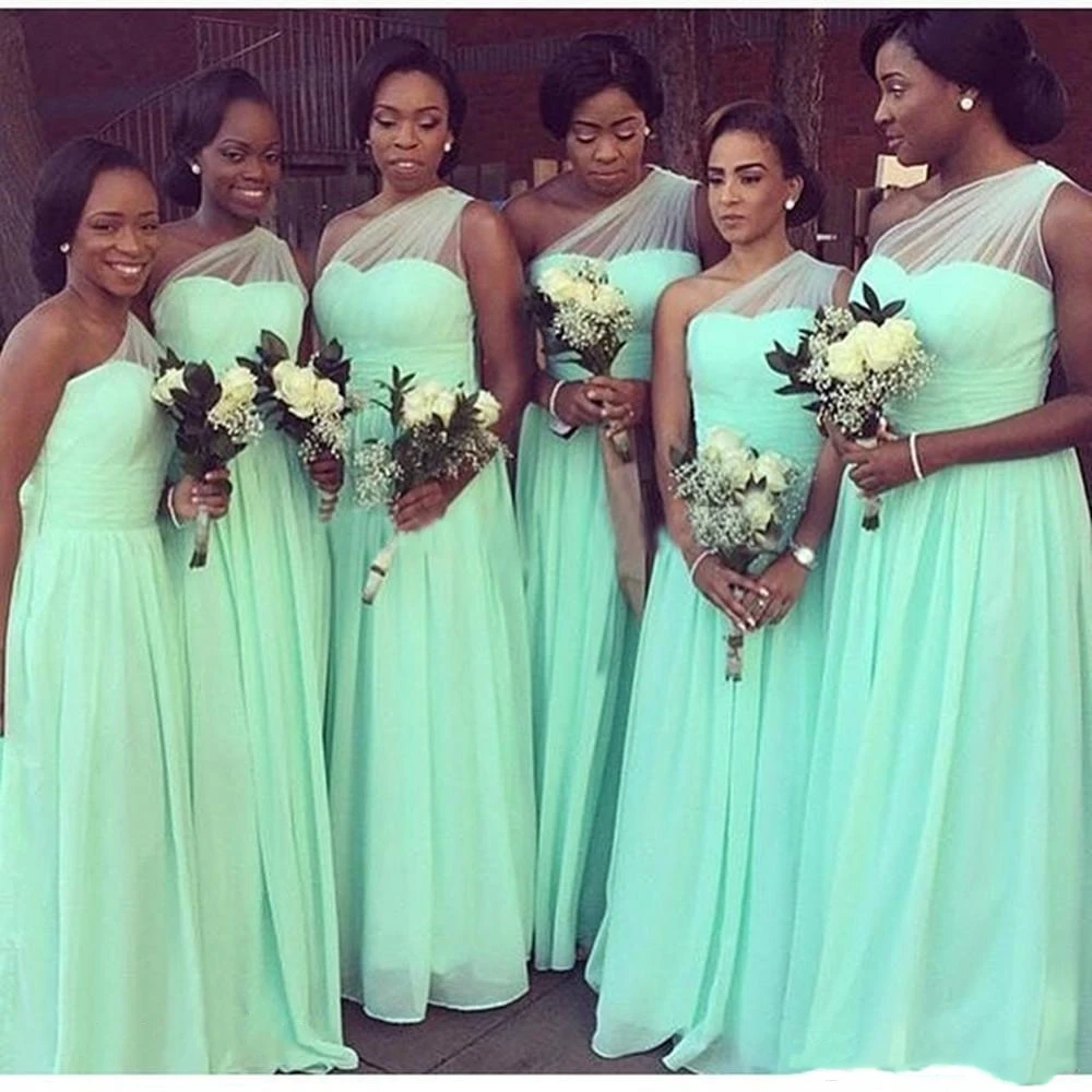 

Mint Green Bridesmaid Dress One Shoulder Long Chiffon Floor Length Country Party Dress Plus Size Wedding Guest Prom Dresses