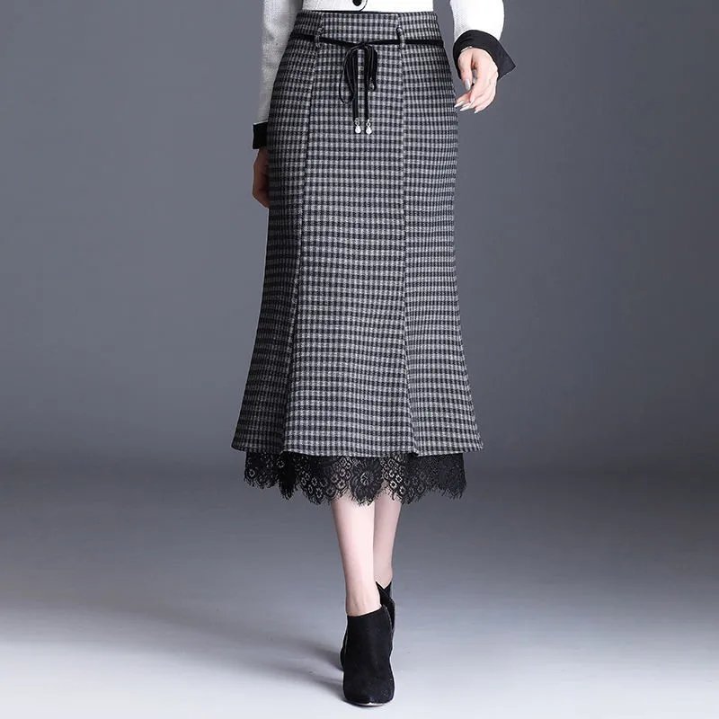 

Elegant Vintage Plaid Skirts Womens Lace Patchwork High Waist Mermaid Skirt Female Slim Office Clothes Lacintg Midi Skirt