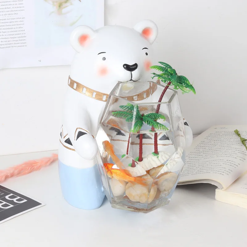 2 Hot Selling Indoor Office Decoration Creative Mini Aquariums Goldfish Betta Fish Bowl Aquatic Pet Supplies Cute Bear Style