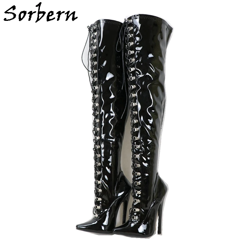 

Sorbern Women Thigh High Black Stilettos Lace Up With 4 Inch High Heel Fetish Matt PU Boots Ladies Shoes Fetish High Heel Custom