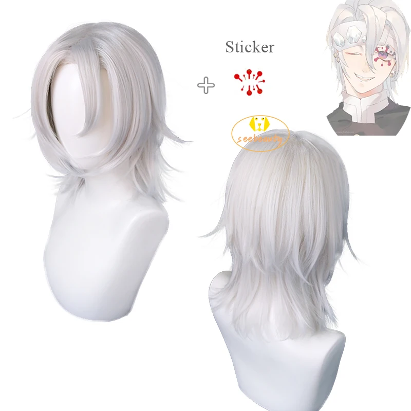 Uzui Tengen Cosplay Wig Anime Demon Slayer Kimetsu No Yaiba White Short Hair Eye Sticker Festival Party Prop Accessory | Тематическая