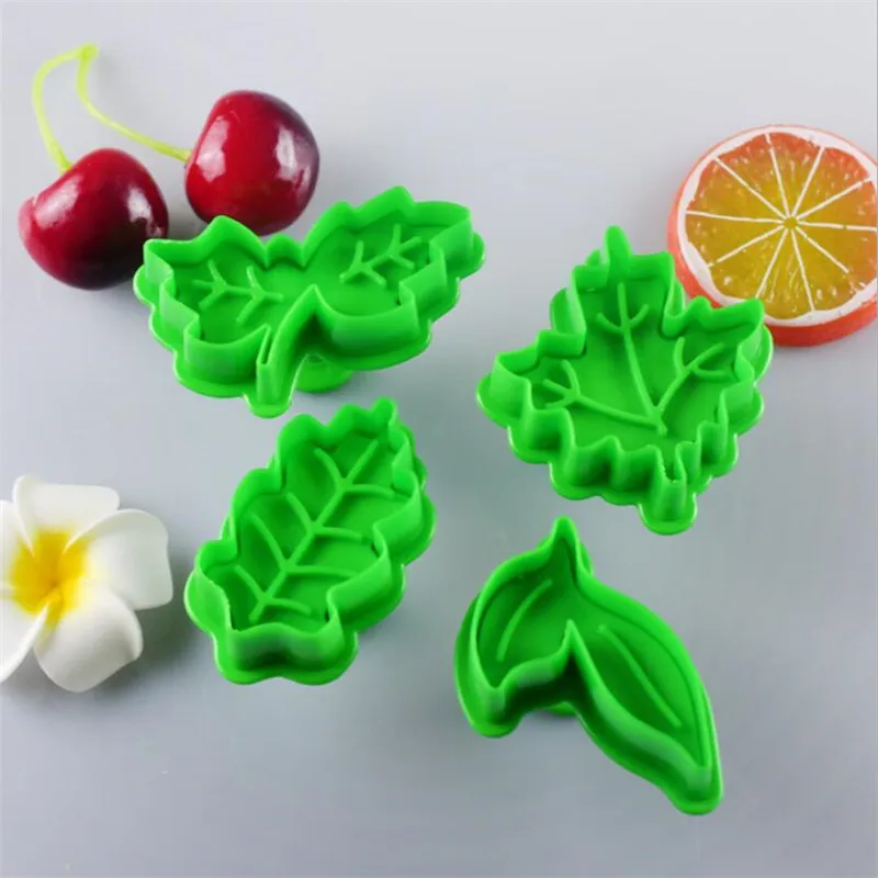 

4 pcs/set 4 Kinds Of Leaf Shape Plastic Cookie Cutters Set Pastry Cake Biscuit Mold Spring Plunger Baking Tools fondant cutter