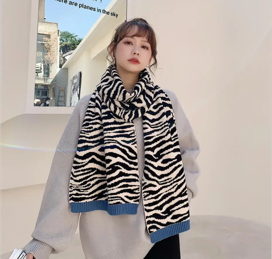 

Fashion Winter Scarf Zebra Print Knitted Scarves Wraps Sharp Angle Shawls Warm Long Narrow Sweet Girl Small Skinny Neckerchief