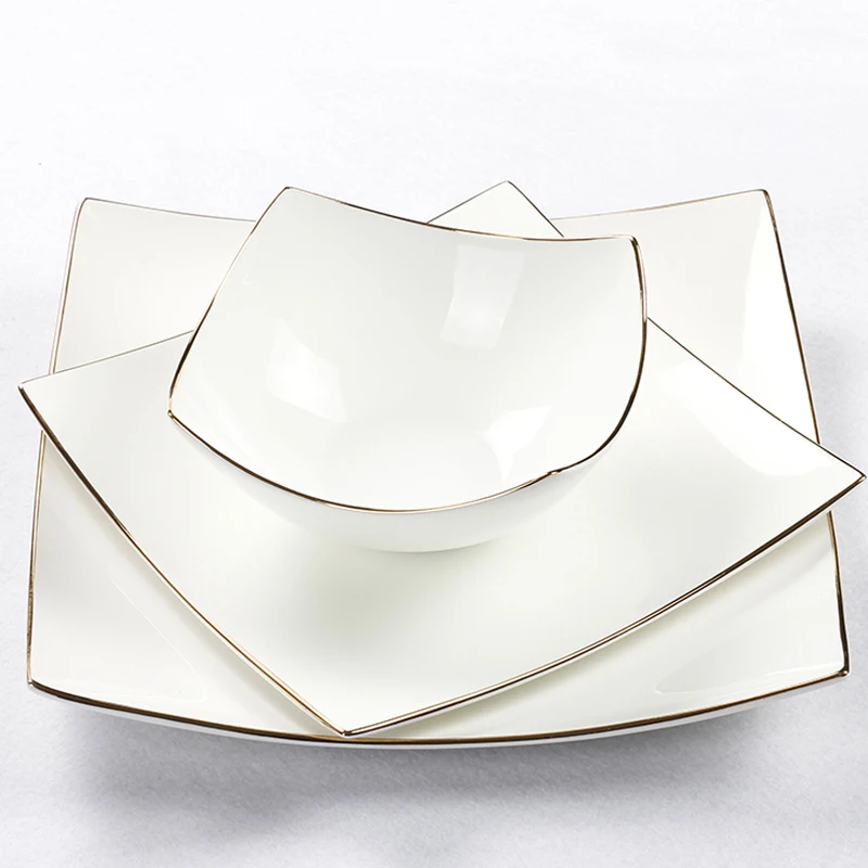 

European Bone China Square dining plate steak plates dishes salad plate Soup Bowls High Quality White porcelain Dinnerware Set