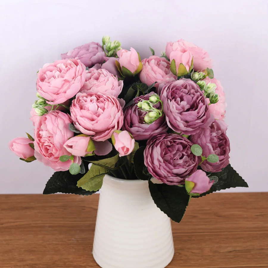 

Rose Pink Silk Bouquet Peony Artificial Flowers 5 Big Heads 4 Small Bud Bride Wedding Home Decoration Fake Flowers Faux 30cm