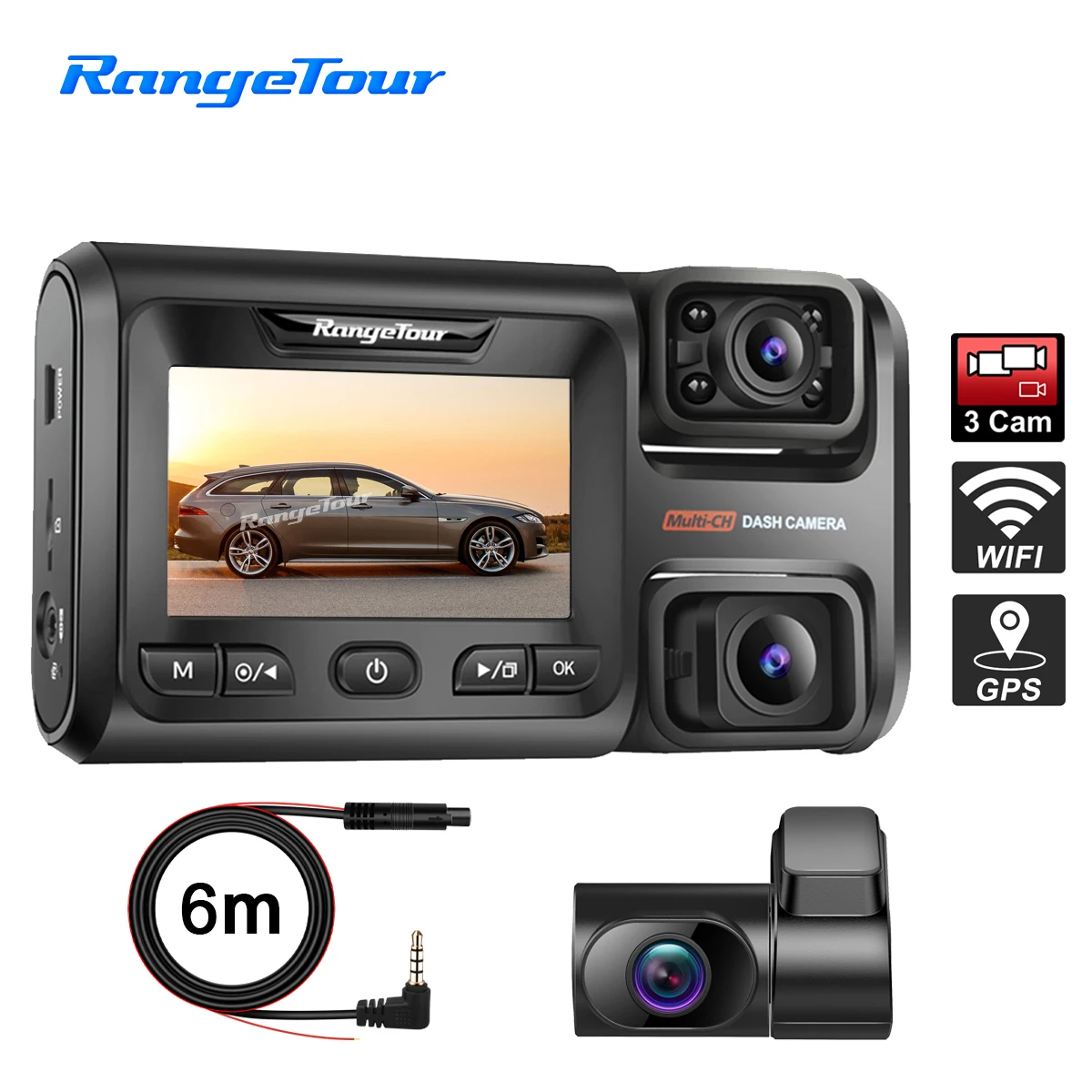 Видеорегистратор автомобильный 3 канала 2K + 1080P 6 м GPS Wi-Fi 4 ИК-камеры заднего вида