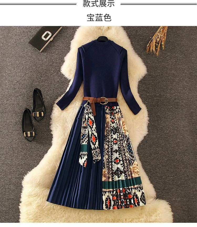 Pinterest Elegant Outfit Knitted Patchwork Pleated Ethnic Printed Midi Dress JKP4851