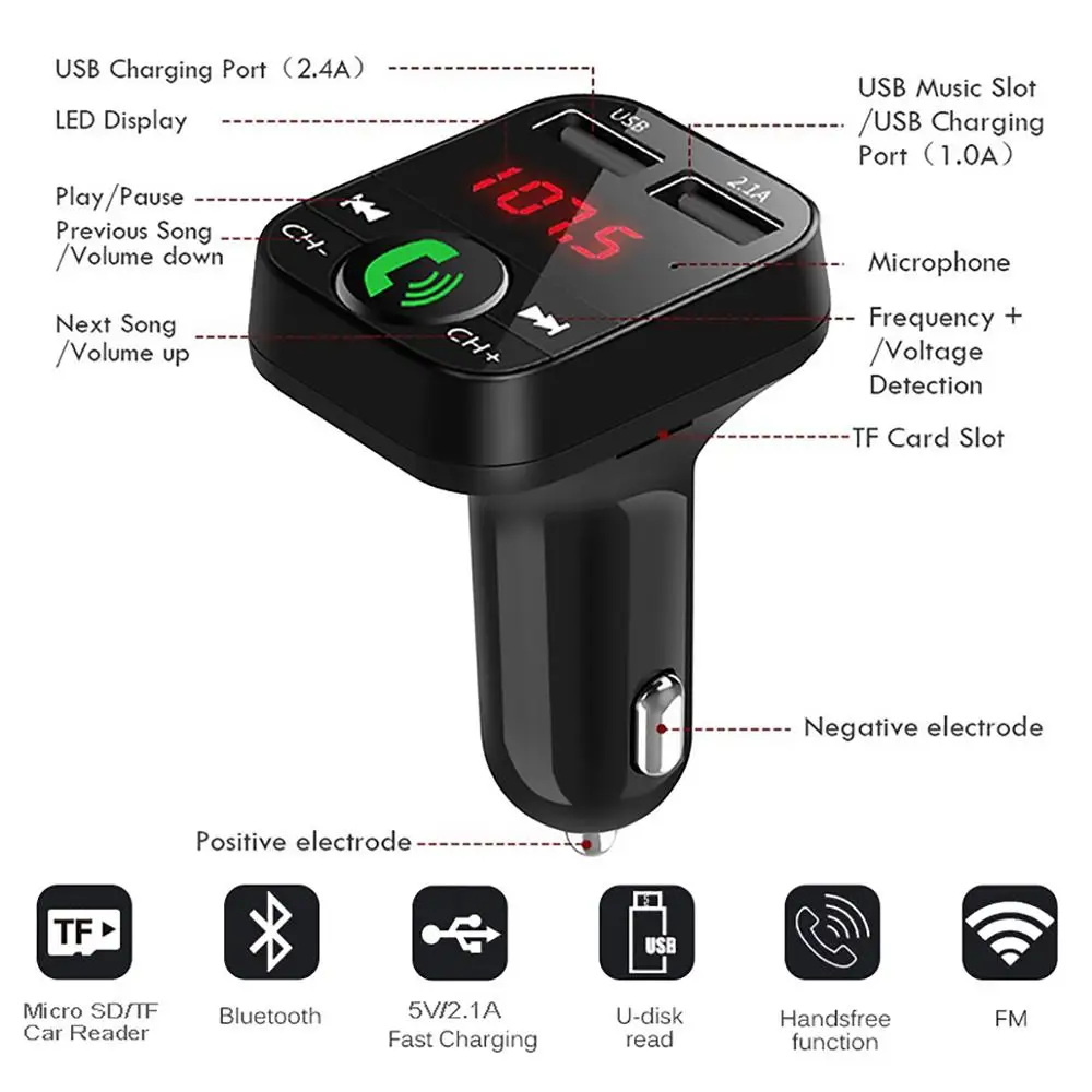 Car Wireless Bluetooth FM Transmitter Handsfree Audio Receiver Auto LED MP3 Player 2.1A Dual USB Fast Car Accessorie
Car Wireless Bluetooth FM Transmitter Handsfree Audio Receiver Auto LED MP3 Player 2.1A Dual USB Fast Car Accessorie
