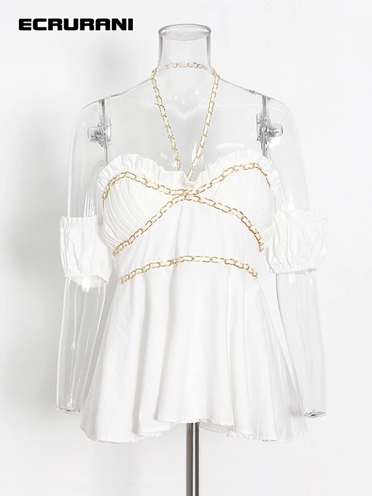 ECRURANI White Swxy Patchwork Chain Shirt For Women Halter Sleeveless Fold Pleated Slimming Women's Blouse 2021 Autumn Clothing
ECRURANI White Swxy Patchwork Chain Shirt For Women Halter Sleeveless Fold Pleated Slimming Women's Blouse 2021 Autumn Clothing