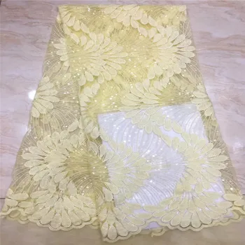 

2019 Latest African Organza Lace Fabric With Sequins High Quality French Tulle Lace Fabric Yellow For Weeding Dresses