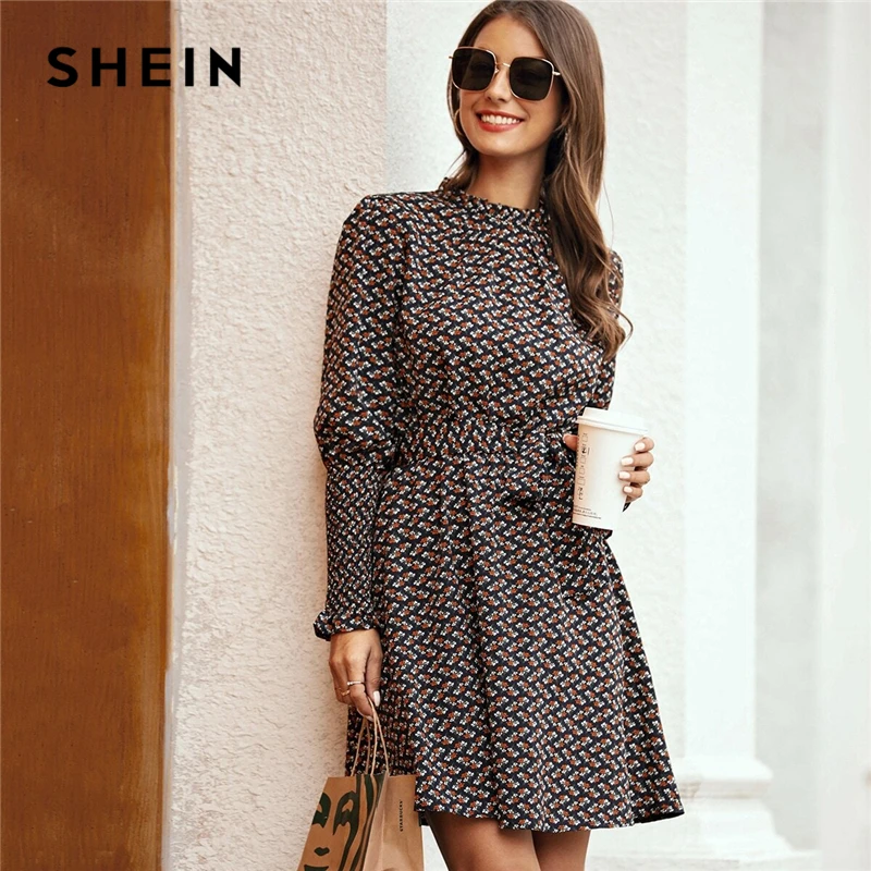 

SHEIN Stand Collar Ditsy Floral Print Elegant Dress With Belt Women 2020 Spring Flounce Sleeve Ladies A Line Short Frill Dresses