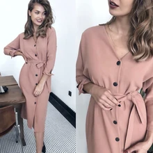 Femmes Vintage avant bouton ceintures a-ligne robe à manches longues Sexy col en V solide robe élégante 2019 automne nouvelle mode femmes robe(China)