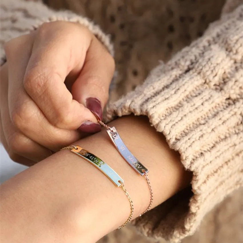 Stainless Steel Trendy Long Bar Name Bracelet Femme Personalized JewelryChain Custom Nameplate Engraved Bracelet Accessories 
Stainless Steel Trendy Long Bar Name Bracelet Femme Personalized JewelryChain Custom Nameplate Engraved Bracelet Accessories