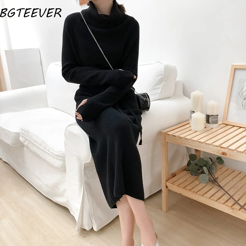 Winter Turtleneck Lace Up Knitted Long Full Sleeve Dress Winter Turtleneck Lace Up Knitted Long Full Sleeve Dress